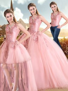 Stunning Pink Ball Gowns Straps Sleeveless Organza Lace Up Beading and Lace 15 Quinceanera Dress
