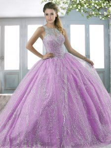 Great Sleeveless Tulle Sweep Train Lace Up 15th Birthday Dress in Lilac with Beading