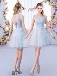 Customized Grey Sleeveless Tulle Lace Up Damas Dress for Prom and Party and Wedding Party