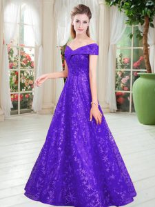 Free and Easy Sleeveless Lace Floor Length Lace Up Prom Gown in Purple with Beading