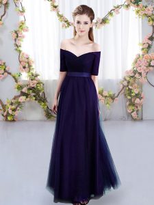 Ruching Court Dresses for Sweet 16 Purple Lace Up Short Sleeves Floor Length