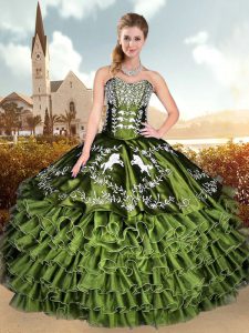 Affordable Olive Green Sleeveless Floor Length Embroidery and Ruffled Layers Lace Up Quinceanera Dress