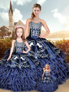 Shining Sleeveless Floor Length Embroidery and Ruffled Layers Lace Up Sweet 16 Dress with Navy Blue