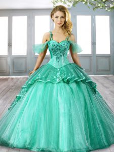 Lace Up Quinceanera Dress Turquoise for Military Ball and Sweet 16 and Quinceanera with Beading and Appliques Sweep Trai