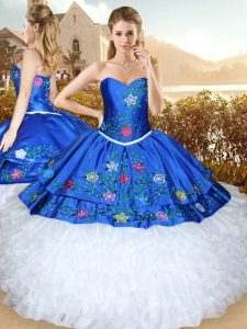 Pretty Royal Blue Organza Lace Up Quince Ball Gowns Sleeveless Floor Length Embroidery and Ruffles