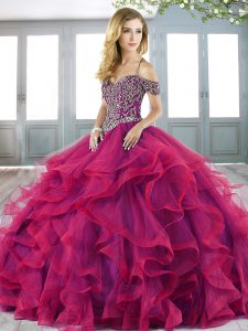 Custom Design Red Organza and Tulle Lace Up Off The Shoulder Sleeveless Quinceanera Dress Sweep Train Beading and Ruffle