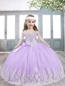 Lilac Sleeveless Floor Length Appliques and Bowknot Lace Up Pageant Gowns For Girls