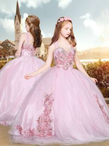 Trendy Sleeveless Sweep Train Lace Up Beading and Appliques Girls Pageant Dresses