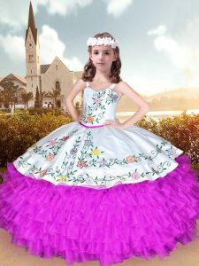 Sleeveless Organza Floor Length Lace Up Kids Formal Wear in White And Purple with Embroidery and Ruffles