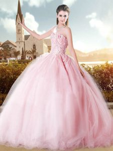 Classical Floor Length Pink Sweet 16 Dress Sleeveless Beading