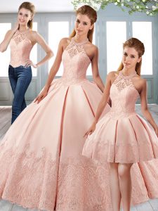 Pink Ball Gowns Pick Ups Vestidos de Quinceanera Lace Up Satin Sleeveless