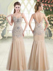 Fitting Spaghetti Straps Sleeveless Zipper Prom Party Dress Champagne Tulle