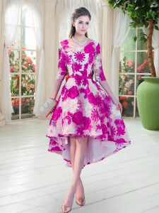 Fuchsia Lace Up Scoop Belt Prom Dress Lace Half Sleeves