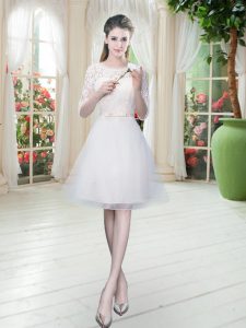 Decent Lace Prom Dresses White Lace Up Half Sleeves Knee Length