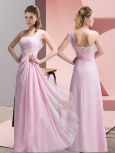 Cute Baby Pink Zipper One Shoulder Beading and Appliques Prom Party Dress Chiffon Sleeveless