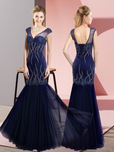 Glamorous Navy Blue Sleeveless Chiffon Lace Up for Prom and Party and Military Ball