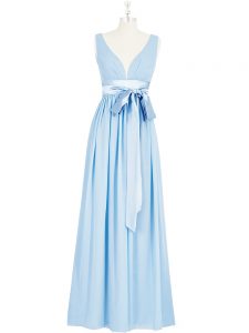 Baby Blue V-neck Neckline Ruching and Bowknot Prom Evening Gown Sleeveless Backless