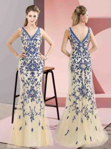 High Quality V-neck Sleeveless Prom Party Dress Floor Length Beading Champagne Tulle
