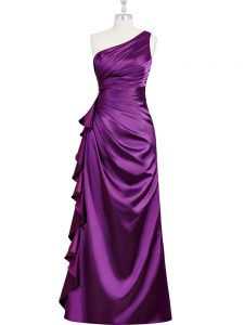 One Shoulder Sleeveless Side Zipper Prom Party Dress Purple Elastic Woven Satin