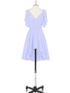 Beautiful V-neck Short Sleeves Prom Evening Gown Mini Length Ruching Baby Blue Chiffon