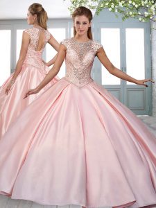 Cap Sleeves Satin Sweep Train Lace Up Quinceanera Dress in Pink with Beading and Appliques