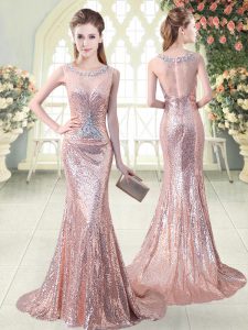 Low Price Pink Mermaid Beading Prom Dress Zipper Sequined Sleeveless