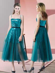 Ideal Teal Zipper Spaghetti Straps Sequins Prom Party Dress Tulle Sleeveless