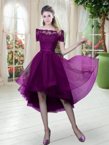 Wonderful A-line Prom Gown Purple Off The Shoulder Tulle Short Sleeves High Low Lace Up