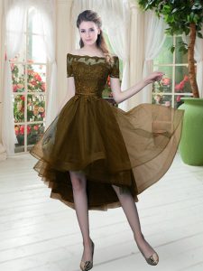 High End High Low Brown Prom Evening Gown Tulle Short Sleeves Lace
