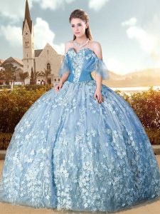 Blue Sweetheart Neckline Appliques Quince Ball Gowns Sleeveless Lace Up