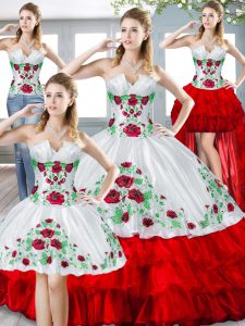 Fashionable Sweetheart Sleeveless Lace Up Ball Gown Prom Dress White And Red Organza