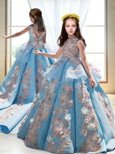 Appliques Little Girls Pageant Dress Wholesale Blue Backless Sleeveless Court Train