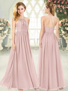 Modern Sleeveless Floor Length Ruching Criss Cross Homecoming Dress with Pink