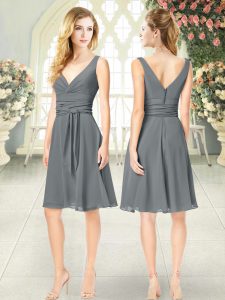 High Class Grey Homecoming Dress Prom and Party with Ruching V-neck Sleeveless Zipper
