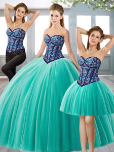 Fantastic Floor Length Turquoise Quinceanera Dress Tulle Sleeveless Embroidery