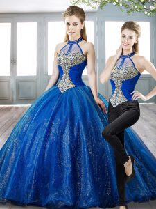 Adorable Royal Blue Ball Gowns Organza Halter Top Sleeveless Beading Lace Up Quinceanera Dress Sweep Train