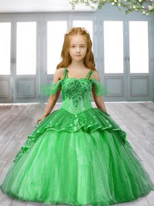 Spaghetti Straps Sleeveless Kids Pageant Dress Sweep Train Beading and Appliques Green Tulle
