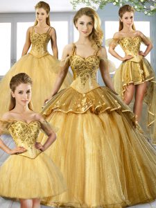 Enchanting Gold Lace Up Spaghetti Straps Beading and Appliques Quinceanera Dress Organza Sleeveless Sweep Train
