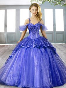 Blue Organza Lace Up Quinceanera Dress Sleeveless Sweep Train Beading and Appliques