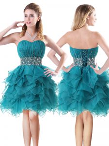 A-line Dress for Prom Teal Sweetheart Organza Sleeveless Mini Length Lace Up