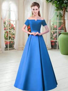 Blue Satin Lace Up Prom Dress Short Sleeves Floor Length Belt