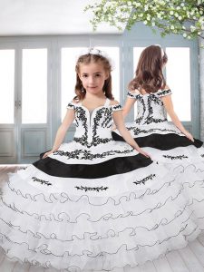 Enchanting Ball Gowns Little Girls Pageant Dress White And Black Off The Shoulder Organza Sleeveless Floor Length Lace U