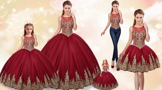 Sleeveless Floor Length Appliques Lace Up Quinceanera Gowns with Wine Red