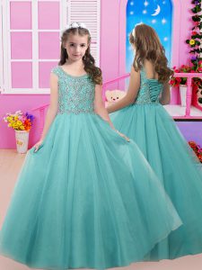 Tulle Scoop Cap Sleeves Lace Up Beading Little Girl Pageant Dress in Blue