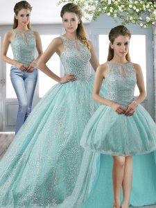 Superior Apple Green Scoop Lace Up Beading Quinceanera Dress Sweep Train Sleeveless