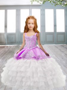 Lilac Lace Up Little Girls Pageant Gowns Appliques and Ruffled Layers Sleeveless Sweep Train