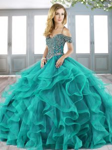 High End Sleeveless Beading and Ruffles Lace Up Quince Ball Gowns with Teal Sweep Train