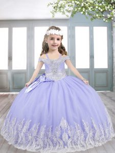 Custom Designed Lavender Off The Shoulder Neckline Appliques and Bowknot Pageant Dress for Girls Sleeveless Lace Up