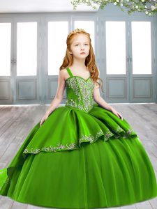 Satin Straps Sleeveless Sweep Train Lace Up Embroidery Pageant Dress for Teens in
