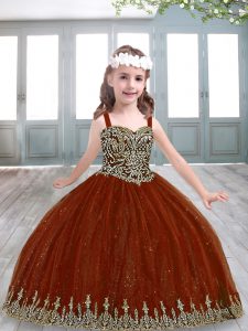 Cheap Straps Sleeveless Lace Up Little Girls Pageant Dress Rust Red Tulle